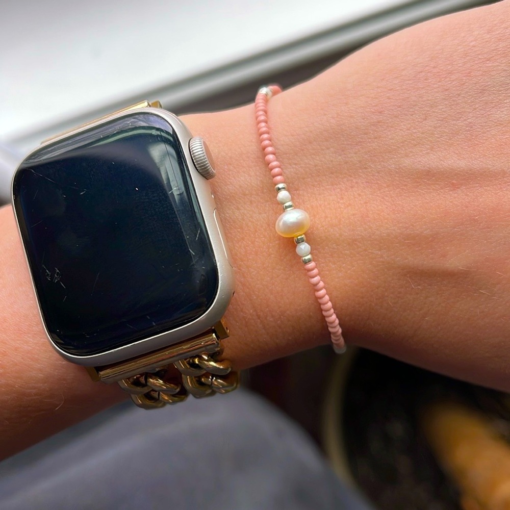 Homemade pink and white seed bead bracelet 14k gold plated sterling silver